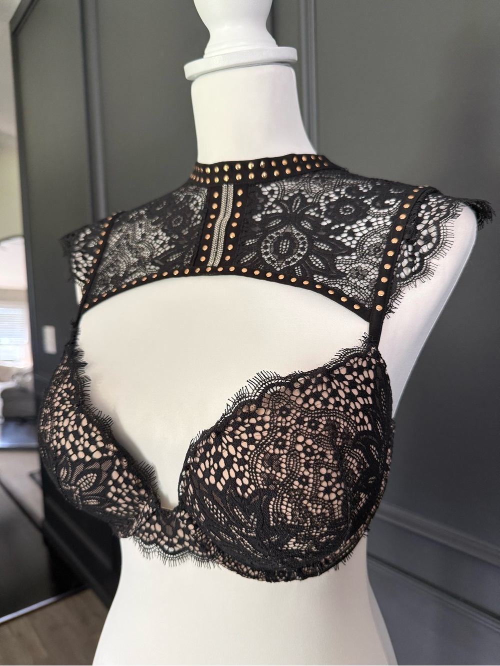 Victoria's Secret Black Lace High-Neck Studded Bralette